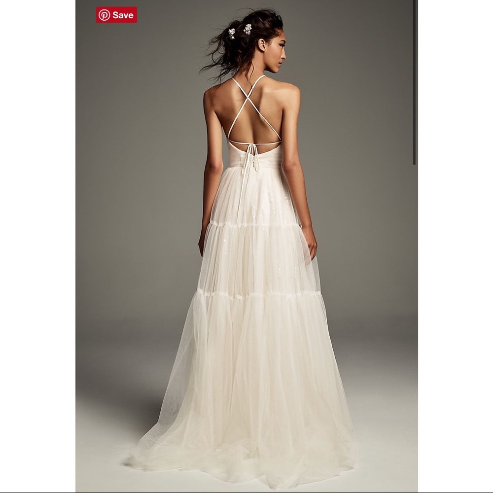 TULLE-OVER-SEQUIN HALTER GOWN WITH PEASANT SKIRT